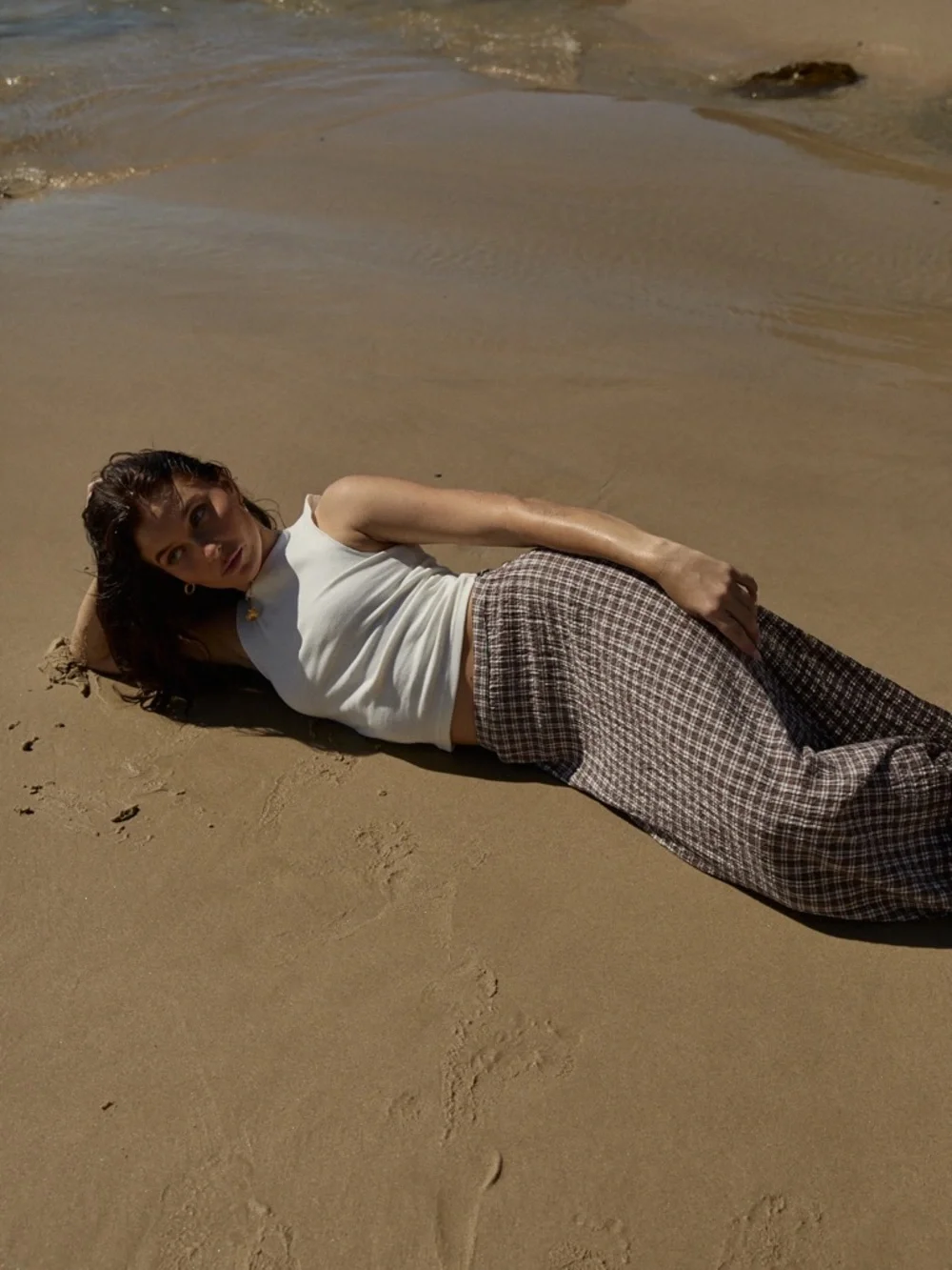 Afends Base Seersucker Maxi Skirt - Coffee Check NWT - Picture 8 of 9